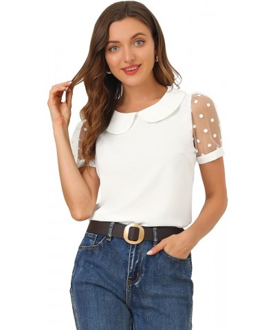 Women's Peter Pan Collar Top Puff Short Sleeve Vintage Polka Dots Mesh Sleeve Blouse White $17.87 Blouses