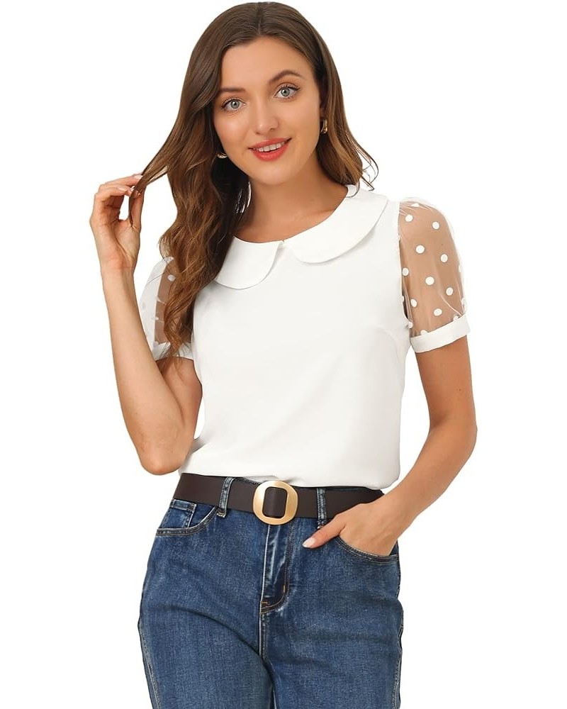 Women's Peter Pan Collar Top Puff Short Sleeve Vintage Polka Dots Mesh Sleeve Blouse White $17.87 Blouses