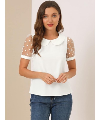 Women's Peter Pan Collar Top Puff Short Sleeve Vintage Polka Dots Mesh Sleeve Blouse White $17.87 Blouses