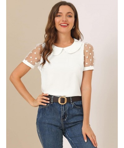 Women's Peter Pan Collar Top Puff Short Sleeve Vintage Polka Dots Mesh Sleeve Blouse White $17.87 Blouses