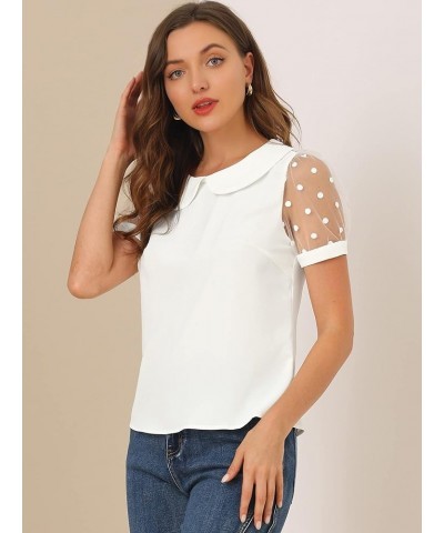 Women's Peter Pan Collar Top Puff Short Sleeve Vintage Polka Dots Mesh Sleeve Blouse White $17.87 Blouses