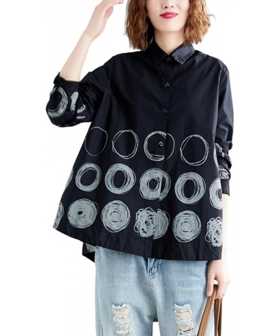 Women's Autum Circle Printed Tops Irregular Hem Long Sleeve Shirt GZ13 Black $16.29 Blouses