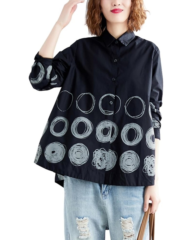 Women's Autum Circle Printed Tops Irregular Hem Long Sleeve Shirt GZ13 Black $16.29 Blouses