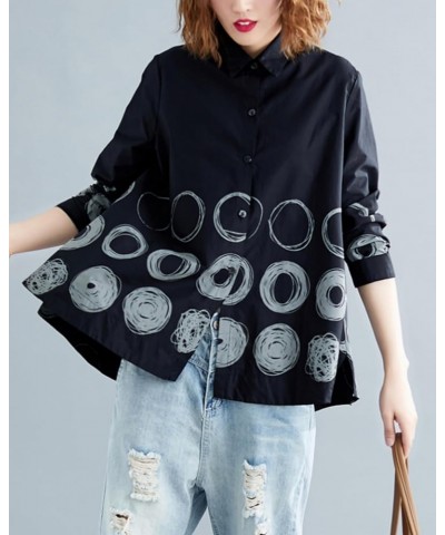 Women's Autum Circle Printed Tops Irregular Hem Long Sleeve Shirt GZ13 Black $16.29 Blouses