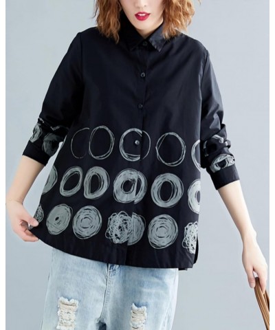 Women's Autum Circle Printed Tops Irregular Hem Long Sleeve Shirt GZ13 Black $16.29 Blouses