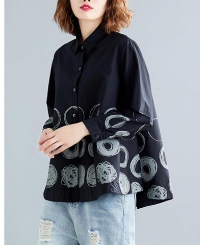 Women's Autum Circle Printed Tops Irregular Hem Long Sleeve Shirt GZ13 Black $16.29 Blouses