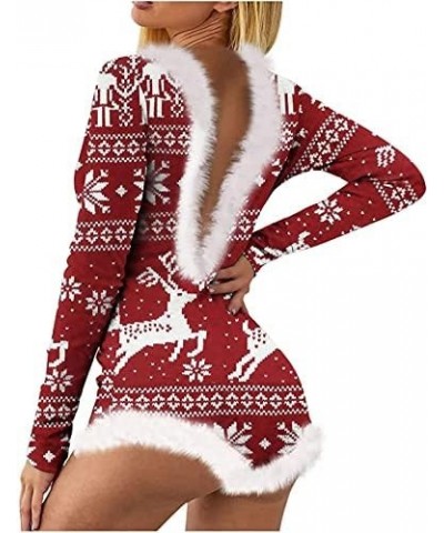 Women Christmas Jumpsuits Pajamas Deep V Long Sleeve Bodycon Rompers Shorts Xmas Onesie One Piece Bodysuit Overalls B-red Elk...