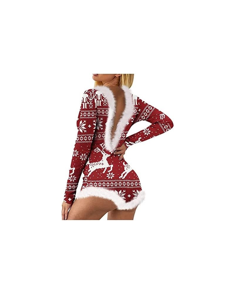 Women Christmas Jumpsuits Pajamas Deep V Long Sleeve Bodycon Rompers Shorts Xmas Onesie One Piece Bodysuit Overalls B-red Elk...