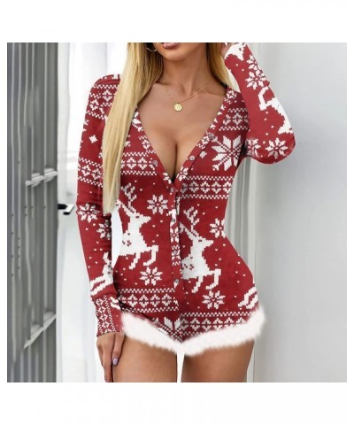 Women Christmas Jumpsuits Pajamas Deep V Long Sleeve Bodycon Rompers Shorts Xmas Onesie One Piece Bodysuit Overalls B-red Elk...