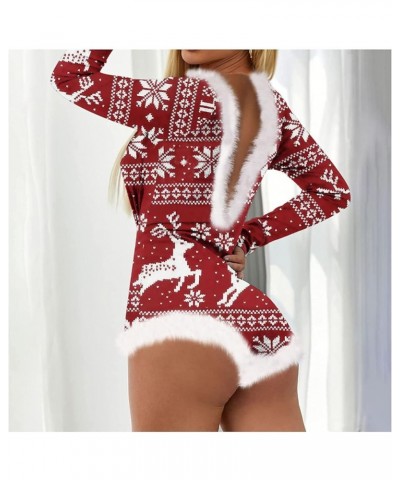 Women Christmas Jumpsuits Pajamas Deep V Long Sleeve Bodycon Rompers Shorts Xmas Onesie One Piece Bodysuit Overalls B-red Elk...