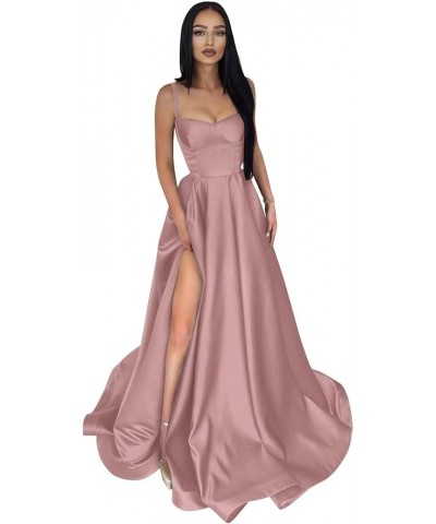 Satin Prom Dresses Long Ball Gown Spaghetti Straps Split A-Line Evening Party Dresses Dusty Rose $40.79 Dresses