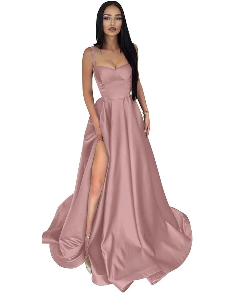 Satin Prom Dresses Long Ball Gown Spaghetti Straps Split A-Line Evening Party Dresses Dusty Rose $40.79 Dresses