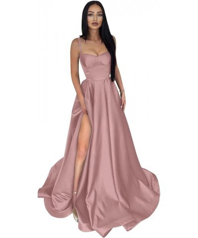 Satin Prom Dresses Long Ball Gown Spaghetti Straps Split A-Line Evening Party Dresses Dusty Rose $40.79 Dresses