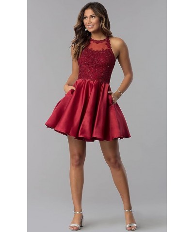 Satin Lace-Applique Homecoming Dresses Short with Pockets Halter Cocktail Dresses for Teens WD029 Burgundy $32.89 Dresses