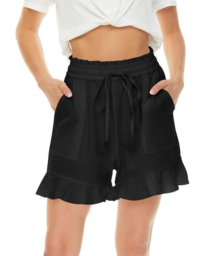 Woman Shorts Casual Cotton Linen Drawstring Elastic Shorts Ruffle Flowy Loose Fit Summer Beach Shorts Black 3 $8.17 Shorts