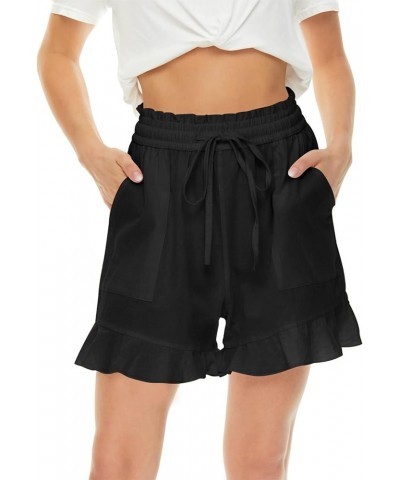 Woman Shorts Casual Cotton Linen Drawstring Elastic Shorts Ruffle Flowy Loose Fit Summer Beach Shorts Black 3 $8.17 Shorts