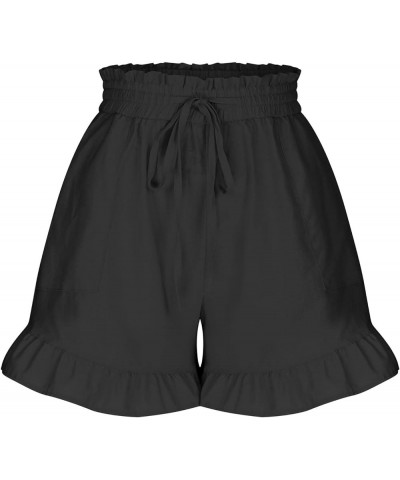 Woman Shorts Casual Cotton Linen Drawstring Elastic Shorts Ruffle Flowy Loose Fit Summer Beach Shorts Black 3 $8.17 Shorts