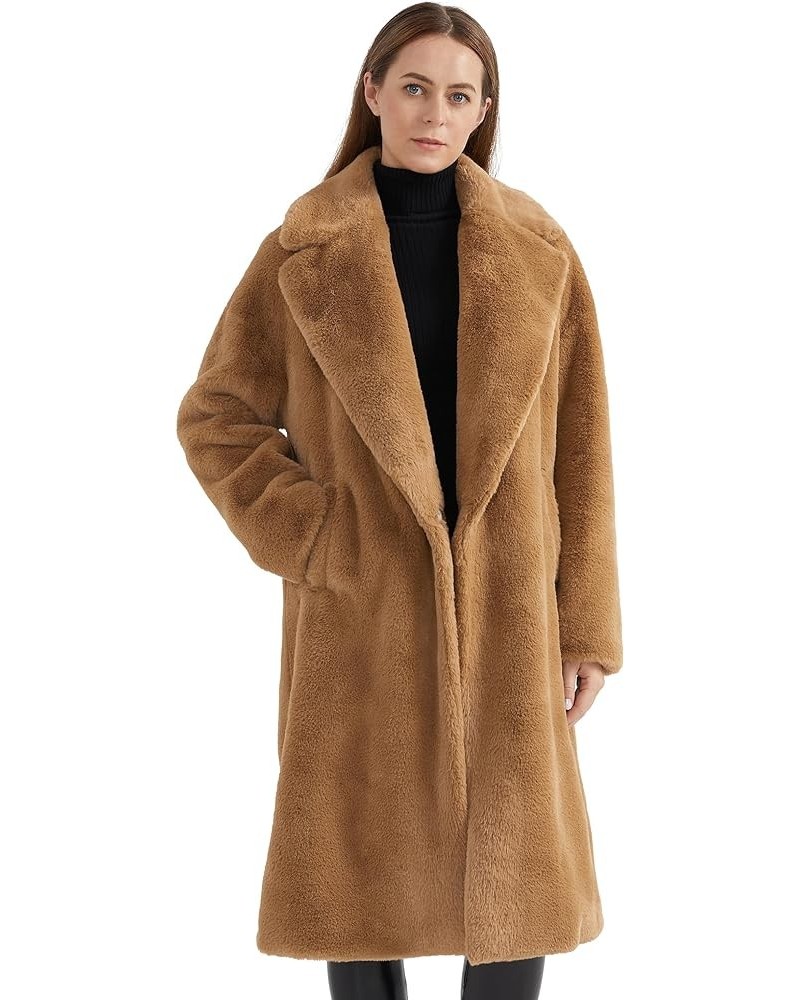 Women's Fuzzy Fleece Winter Jacket Faux Fur Lapel Coat Mid-Length Sherpa Teddy Coat Khaki $45.00 Coats