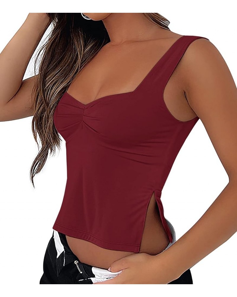 Women's Sleeveless Crop Tank Top Sexy Backless Pleated Bustier Sweetheart Neck Strappy Y2K Slim Cropped Tops 1 Dark Red $9.60...