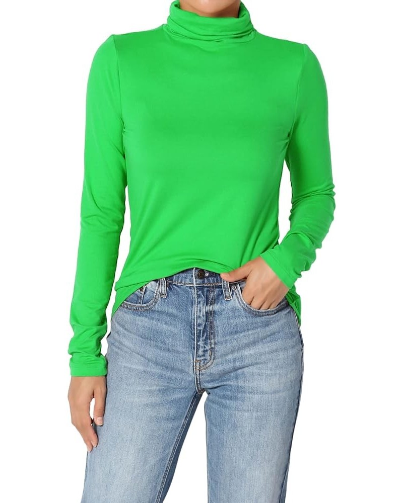 Women's Essential Soft Jersey Ruched Turtle Neck Long Sleeve Slim Fit Top T-Shirt Bright Green $9.03 Tops