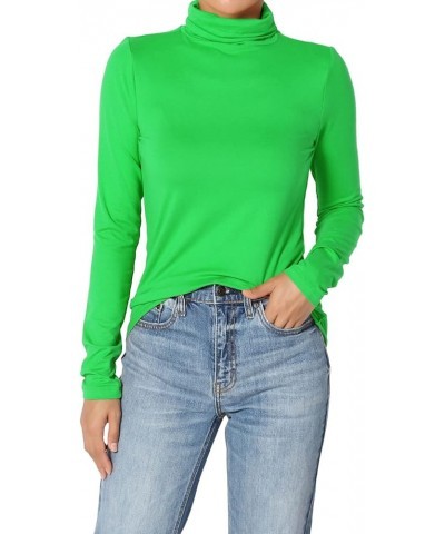 Women's Essential Soft Jersey Ruched Turtle Neck Long Sleeve Slim Fit Top T-Shirt Bright Green $9.03 Tops