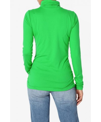 Women's Essential Soft Jersey Ruched Turtle Neck Long Sleeve Slim Fit Top T-Shirt Bright Green $9.03 Tops