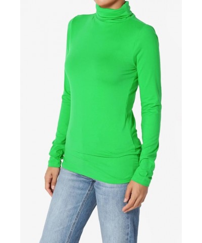 Women's Essential Soft Jersey Ruched Turtle Neck Long Sleeve Slim Fit Top T-Shirt Bright Green $9.03 Tops