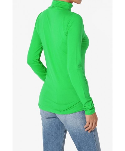 Women's Essential Soft Jersey Ruched Turtle Neck Long Sleeve Slim Fit Top T-Shirt Bright Green $9.03 Tops