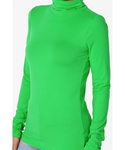 Women's Essential Soft Jersey Ruched Turtle Neck Long Sleeve Slim Fit Top T-Shirt Bright Green $9.03 Tops