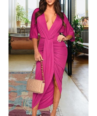 Women's Sexy Deep V Neck Dress Front Split Half Sleeve Ruched Elegant Party Maxi Dress Rose $13.64 Dresses