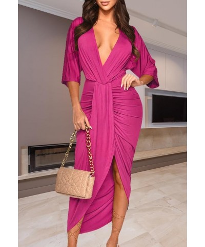 Women's Sexy Deep V Neck Dress Front Split Half Sleeve Ruched Elegant Party Maxi Dress Rose $13.64 Dresses