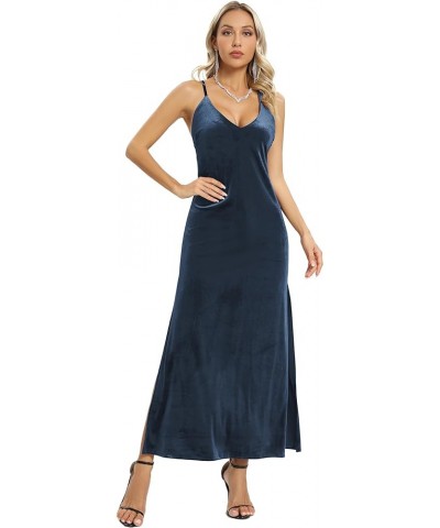 Women's Spaghetti Straps Deep V Neck Velvet Backless Maxi Dress Double High Slit Velvet Cocktai Party Dress 72040 Denim Blue ...