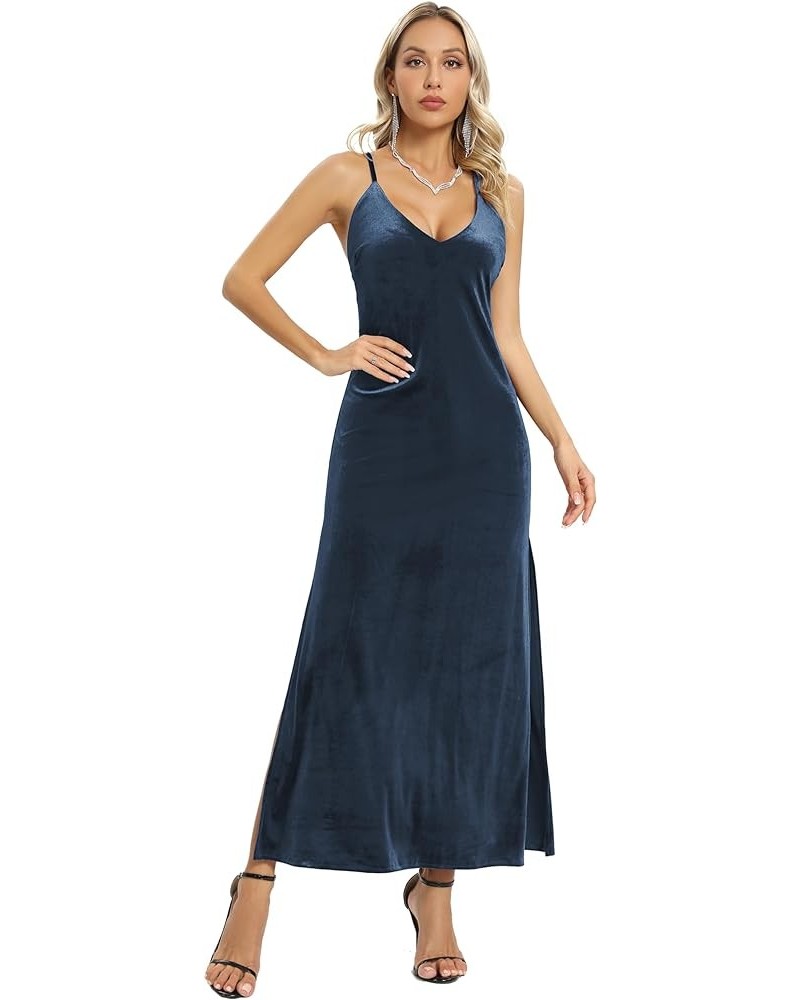 Women's Spaghetti Straps Deep V Neck Velvet Backless Maxi Dress Double High Slit Velvet Cocktai Party Dress 72040 Denim Blue ...