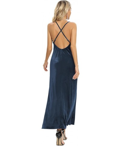 Women's Spaghetti Straps Deep V Neck Velvet Backless Maxi Dress Double High Slit Velvet Cocktai Party Dress 72040 Denim Blue ...