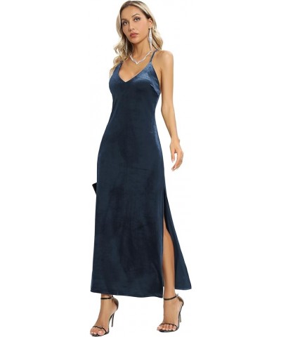 Women's Spaghetti Straps Deep V Neck Velvet Backless Maxi Dress Double High Slit Velvet Cocktai Party Dress 72040 Denim Blue ...