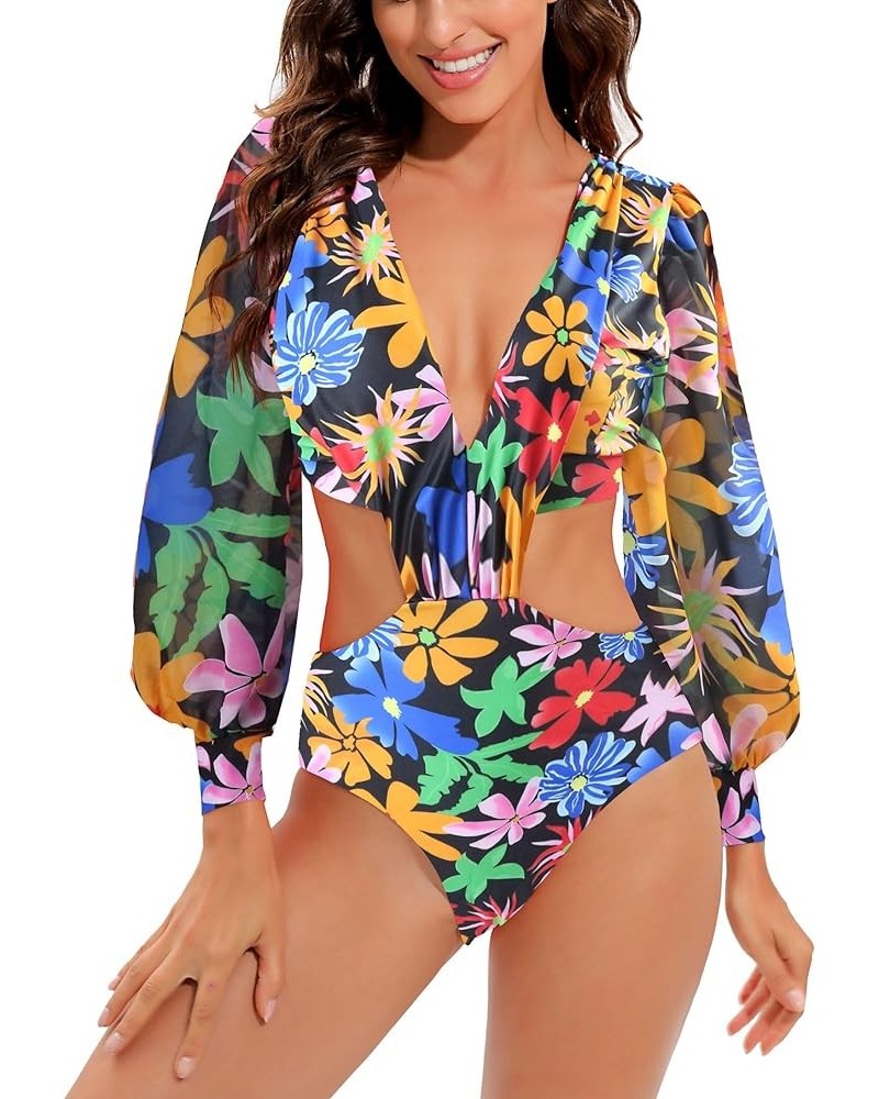 Women's Puff Long Sleeves One Piece Swimsuit Rash Guard V-Neck Bathing Suit 11004-print 01 $23.51 Swimsuits