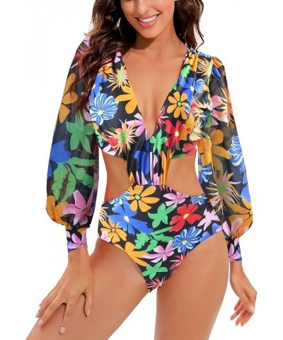 Women's Puff Long Sleeves One Piece Swimsuit Rash Guard V-Neck Bathing Suit 11004-print 01 $23.51 Swimsuits