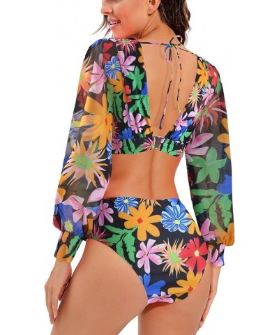 Women's Puff Long Sleeves One Piece Swimsuit Rash Guard V-Neck Bathing Suit 11004-print 01 $23.51 Swimsuits