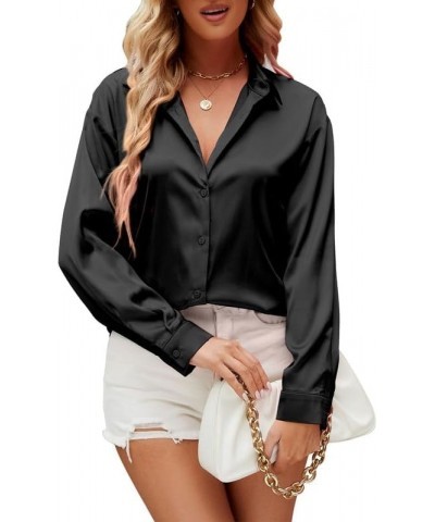 Satin Silk Button Down Shirts for Women Dress Shirts Long Sleeve Blouses Womens Shirts Black $14.49 Blouses