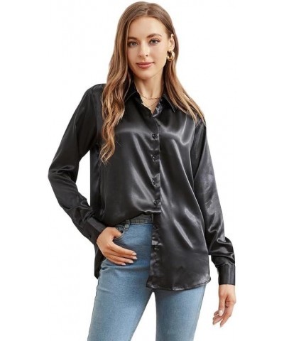 Satin Silk Button Down Shirts for Women Dress Shirts Long Sleeve Blouses Womens Shirts Black $14.49 Blouses