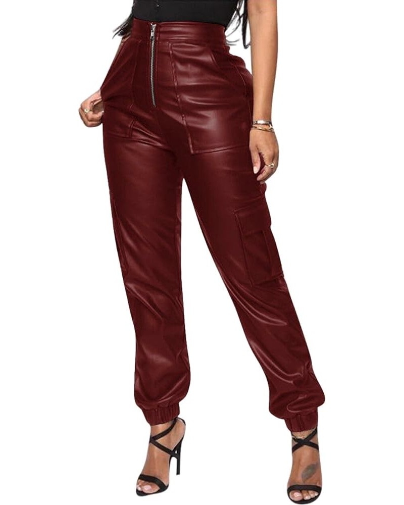 Women's Faux Leather Loose Solid Pant High Waist Baggy Jogger Cargo Pant with Pockets Wine $16.77 Pants