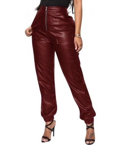 Women's Faux Leather Loose Solid Pant High Waist Baggy Jogger Cargo Pant with Pockets Wine $16.77 Pants