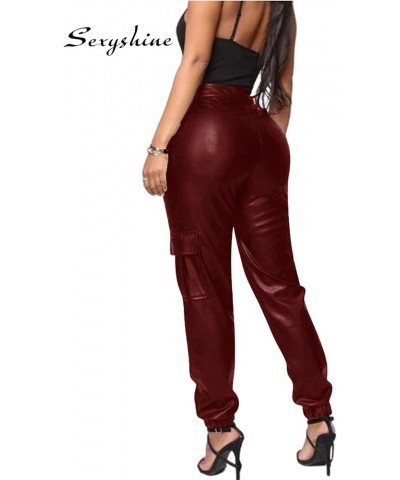 Women's Faux Leather Loose Solid Pant High Waist Baggy Jogger Cargo Pant with Pockets Wine $16.77 Pants