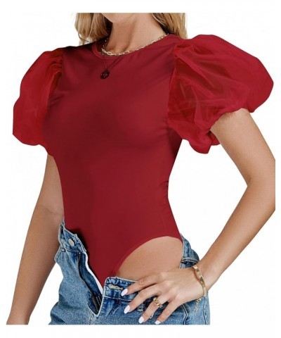 Women's Sheer Puff Short Sleeve Round Neck Slim Fit Leotard Bodysuit Wine Red $15.04 Bodysuits