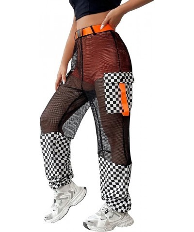 Women's Plaid Fishnet Mesh Overlay Pants Loose Fit Zip Fly Flap Pocket Side Jogger Pants Black $16.34 Pants