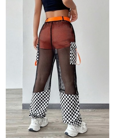 Women's Plaid Fishnet Mesh Overlay Pants Loose Fit Zip Fly Flap Pocket Side Jogger Pants Black $16.34 Pants