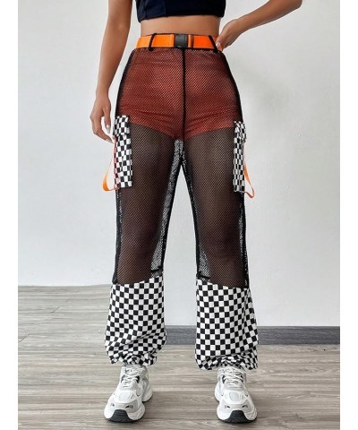 Women's Plaid Fishnet Mesh Overlay Pants Loose Fit Zip Fly Flap Pocket Side Jogger Pants Black $16.34 Pants