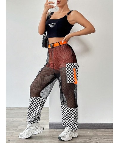 Women's Plaid Fishnet Mesh Overlay Pants Loose Fit Zip Fly Flap Pocket Side Jogger Pants Black $16.34 Pants