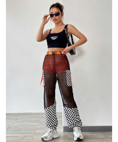 Women's Plaid Fishnet Mesh Overlay Pants Loose Fit Zip Fly Flap Pocket Side Jogger Pants Black $16.34 Pants