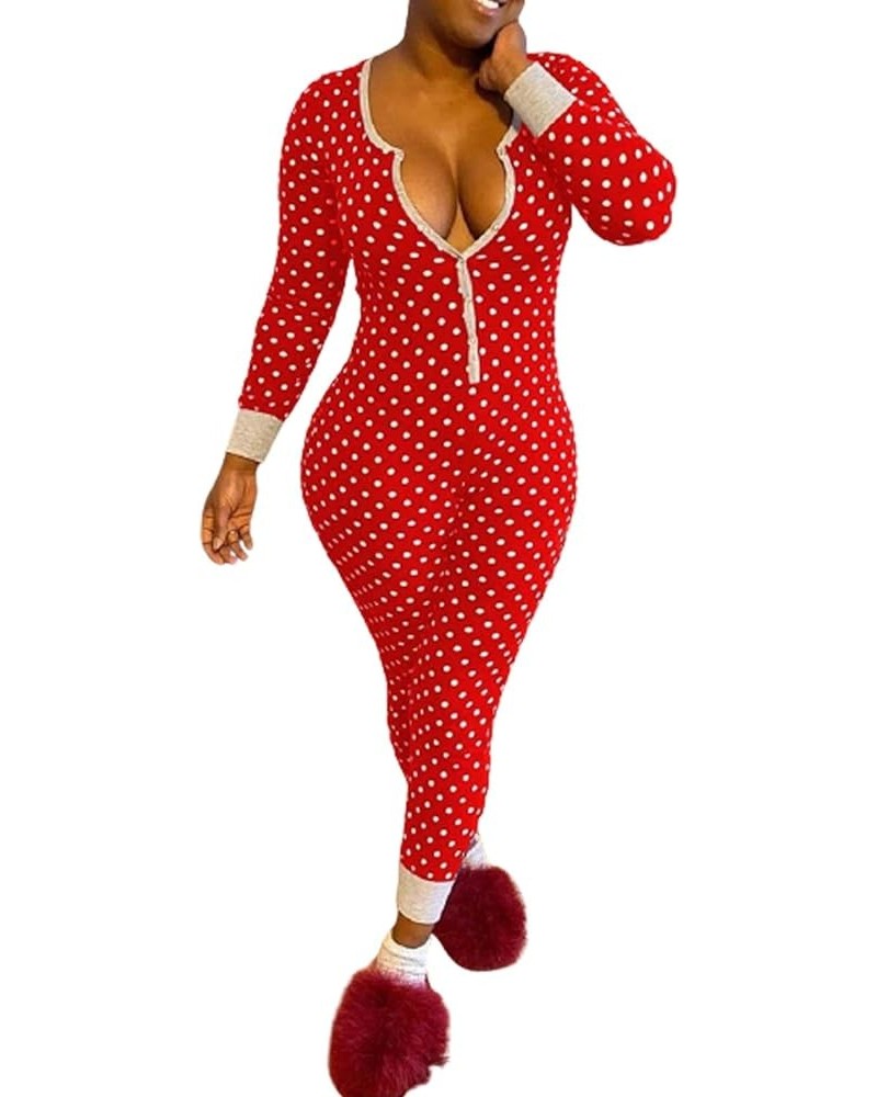 Women Sexy Deep V Neck Christmas Jumpsuit Pajama Long Sleeve One Piece Bodycon Rompers Overall Sleepwear Dot Red $11.61 Jumps...